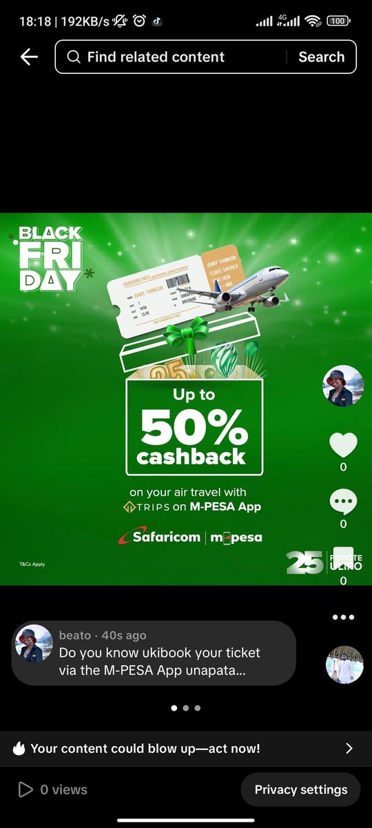 Do you know ukibook your flight tickets  via the M-PESA App you enjoy up to 50% cashback!? 
Usiachwe nyumba na this offers from @safaricomplc
Enjoy Convenient &amp; seamless booking directly on the M-PESA App. #BlackFriday
#SafaricomAt25
#DoMoreWithMpesa