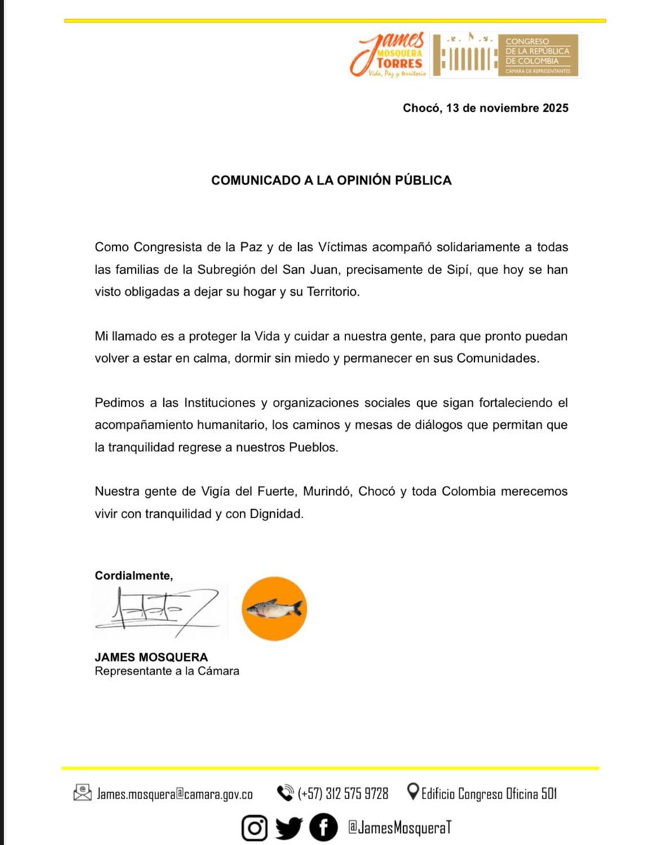 JamesMosqueraT's tweet image. Acompaño solidariamente a las familias de la subregión del San Juan, especialmente Sipí. Mi llamado es a proteger la Vida y recuperar La Paz en nuestros Territorios. 
#Curuldepaz 

@petrogustavo 
@MinInterior 
@UnidadVictimas 
@GobChoco
@UAcuerdoPaz
@JEP_Colombia