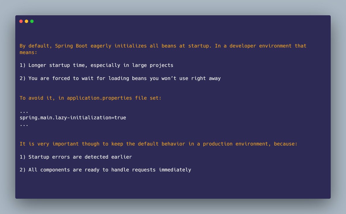 mario_casari's tweet image. 🚀 Spring Boot: In development phase, use spring.main.lazy-initialization=true to speed up the startup of the application.
#SpringBoot #JavaDev