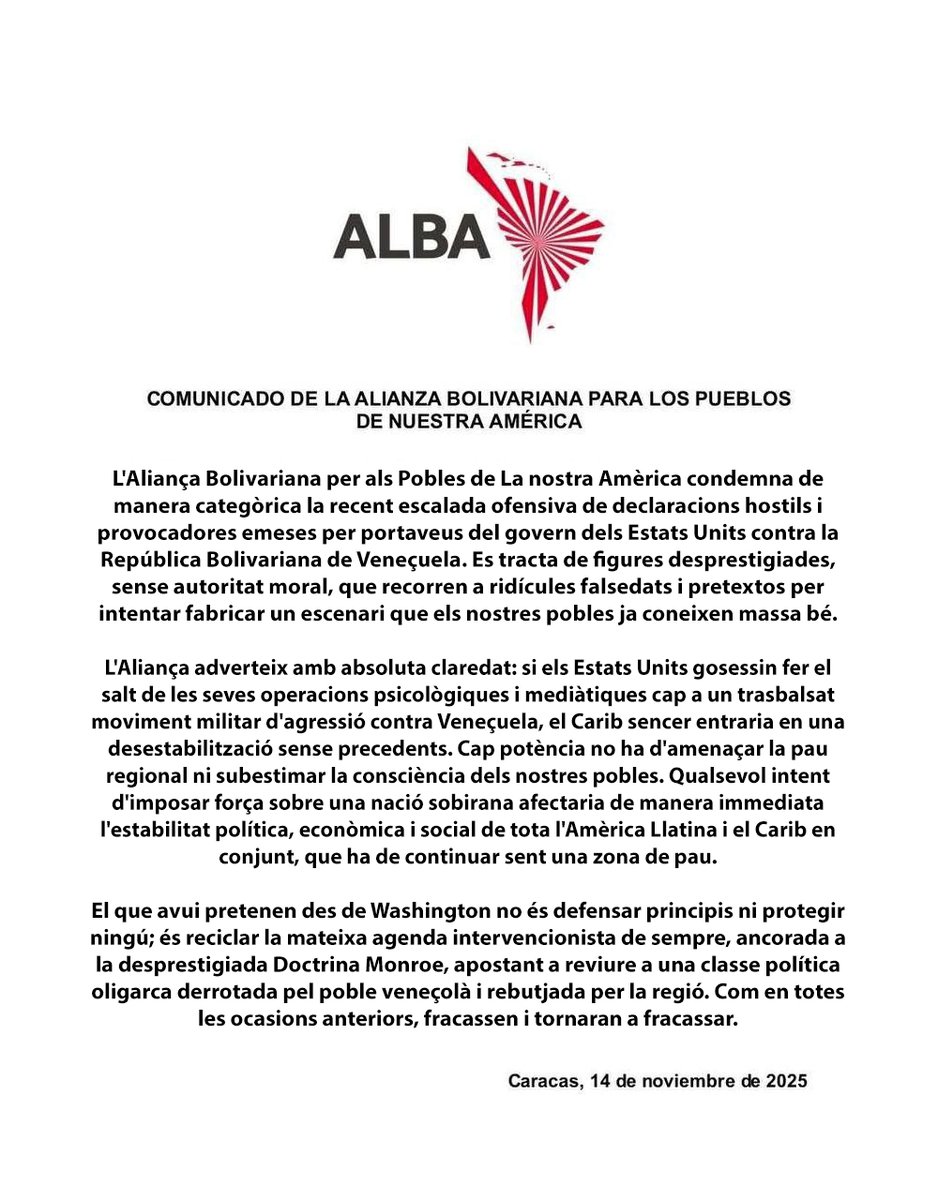 itacappcc's tweet image. L&apos;Aliança Bolivariana per als Pobles de La nostra Amèrica condemna de manera categòrica la recent escalada ofensiva de declaracions hostils i provocadores emeses per portaveus del govern dels Estats Units contra la República Bolivariana de Veneçuela.