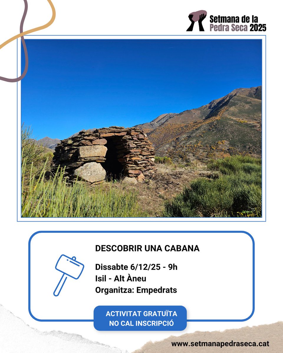 SetmPedraSeca's tweet image. 🔵APRENENTATGE
⚒️ Descobrir una cabana

🗓6/12
⏰9h
📍Isil
📌Organitza: Empedrats
➕Info, calendari i mapa👇
setmanapedraseca.cat/activitats/age…

#SetmanaPedraSeca25 #PedraSeca