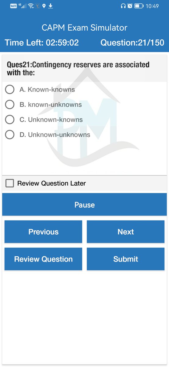 ProjMngmtHouse's tweet image. Questions Source is CAPM Exam Simulator
1000 #CAPM Q&amp;amp;A as per latest ECO
50 free questions
Quizzes on all domains
6 mock exams
Reference for each answer
Available for instructors with discount
Available on web, Apple store &amp;amp;play store from here bit.ly/3S8XLKU
#PMBOK7