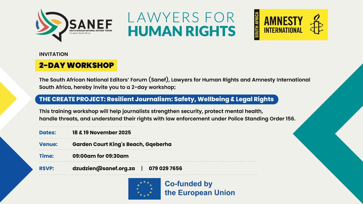 LHR_SA's tweet image. 📣 Join us in Gqeberha! 📣 

SANEF, LHR &amp;amp; Amnesty SA host a 2-day #CreateProject workshop on resilient journalism, safety, wellbeing &amp;amp; legal rights.

A space to pause, share, and gain tools for safer, stronger reporting. More details on the poster!