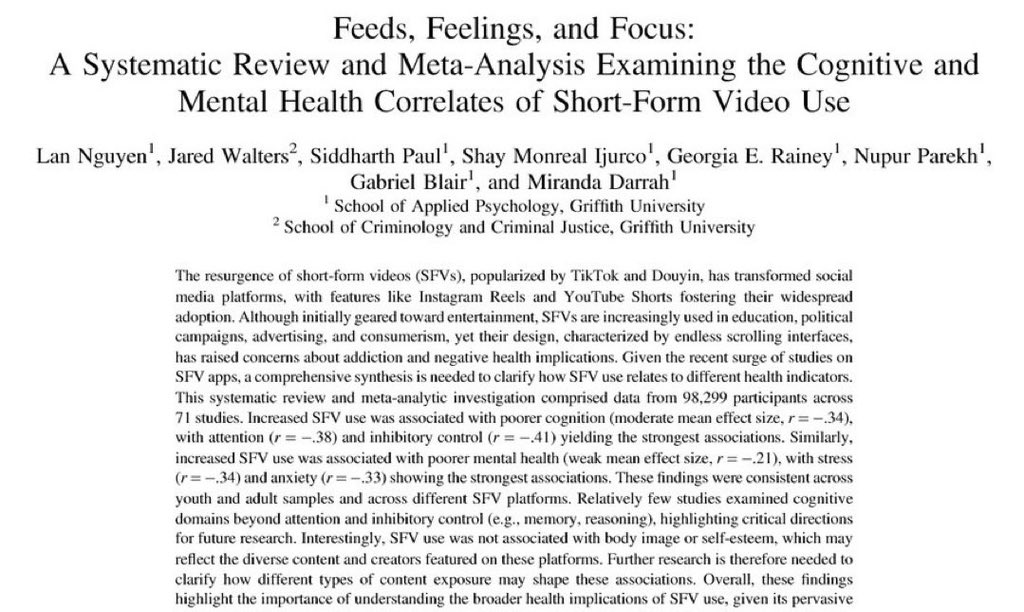 AsiaFinance's tweet image. 抖音和TikTok的危害，有外国学者系统研究了。这篇论文系统分析了来自71项研究的98,299名参与者的数据。简单来说：刷短视频越多，脑子越不好使。注意力下降最明显(38%相关)，自控力也变差(41%相关)，还会让人更焦虑(33%)和压力大(34%)。抖音和TikTok就是精神鸦片，沉迷过走出来的人才懂，会经过一个极其…