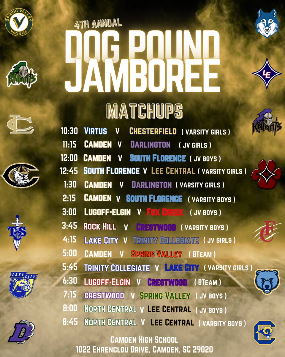 🚨 Jamboree 🚨

All three teams (JV Boys/Varsity Girls/Varsity Boys) will be competing today in the Dog Pound Jamboree. Come out and support our Stallions! 🏀

#TheStallionWay

📍Camden High School
🎟️ $7 Cash/$8 Online