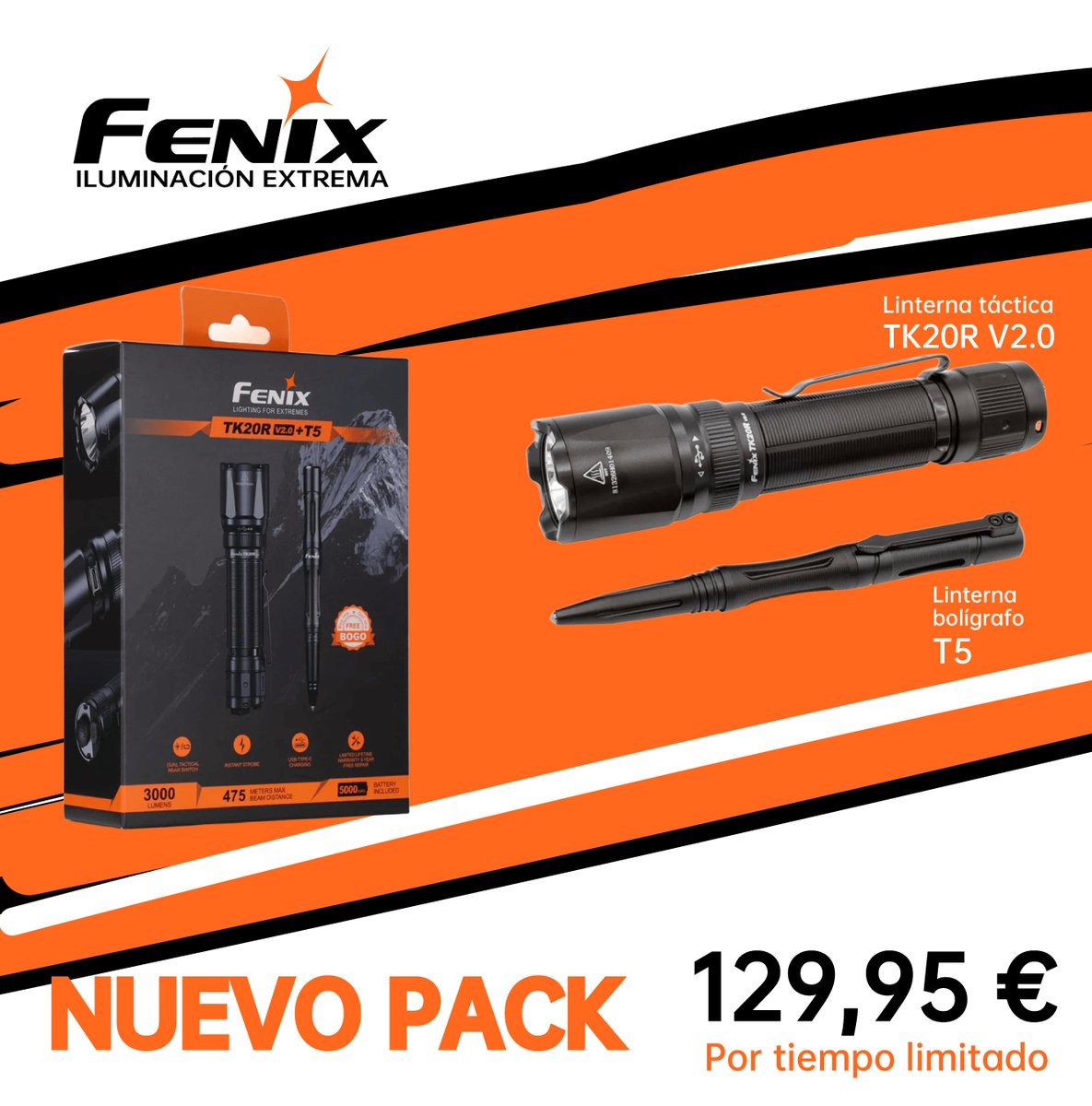 FenixLinternas's tweet image. Nuevo #pack Fenix TK20R V2.0 + T5: 3 000 lúmenes, alcance 475 m, batería 5 000 mAh, carga USB‑C, protección IP68. Un combo táctico ideal para la ciudad! 🔦✨
bit.ly/3JQxH7e