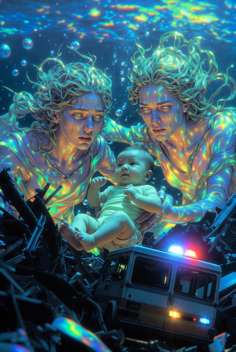 peg1_peg's tweet image. #vss365 #microtale
✍️
Sirens wailed as baby Nann’s #transport skidded into the abyss.
Nereid&apos;s wove through twisted wreckage,
Cradling her, rising from certain death.
Nann&apos;s life spared.
A dream?
Vivid visions of the nymph&apos;s dewy eyes reassured her...it was real.

Art by…