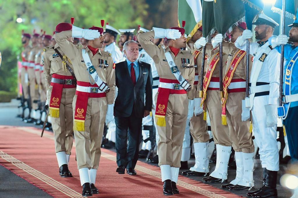 King of Jordan His Majesty Abdullah II ibn Al Hussein receives guard of honor at Prime Minister's House in Islamabad on 15 November 2025.