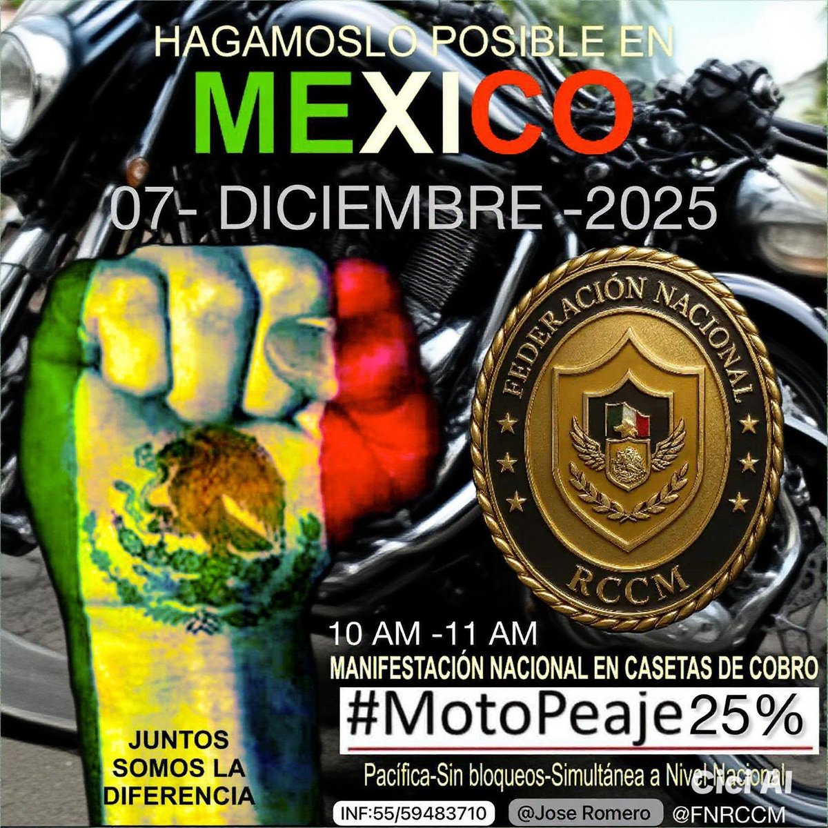 🚨7 de diciembre: ¡a las casetas, motociclistas!
Exigimos #MotoPeaje25%.
Pesamos menos, dañamos menos… ¿por qué pagamos igual?
En <a href="/Mx_Diputados/">H. Cámara de Diputados</a> hay iniciativa, falta voluntad.
<a href="/CarlosLoret/">Carlos Loret de Mola</a> únete a la voz de 8 M de motos.
<a href="/Jose_Romero297/">@jose_romero</a> 
Presidente <a href="/FNRCCM/">Federación Nacional Rodando y Creando Cultura</a>
#MotoPeajeJusto