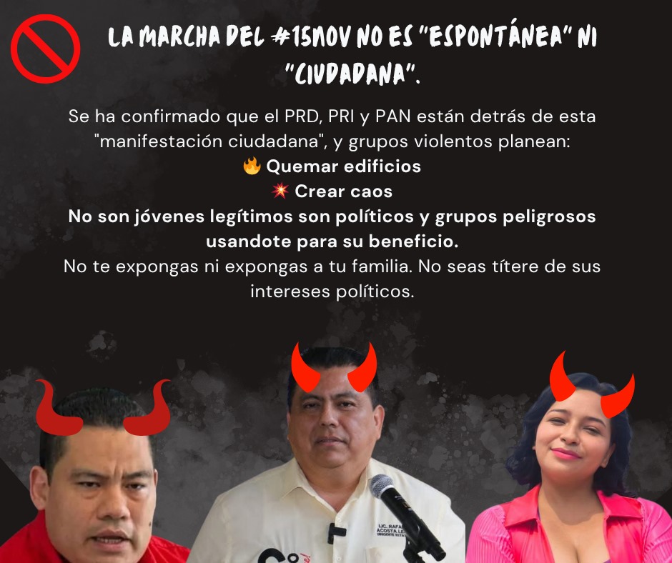 No son jóvenes, son los dirigentes de los partidos políticos de oposición (<a href="/PRITabasco/">PRI Tabasco</a> <a href="/TabascoPRD/">PRD</a> y <a href="/pantabasco/">PAN Tabasco</a>) los que armaron con engaños la manifestación de hoy en la que prenden violentar y atacar edificios y gente que transite. ¡No se expongan! Estos son unos vividores.