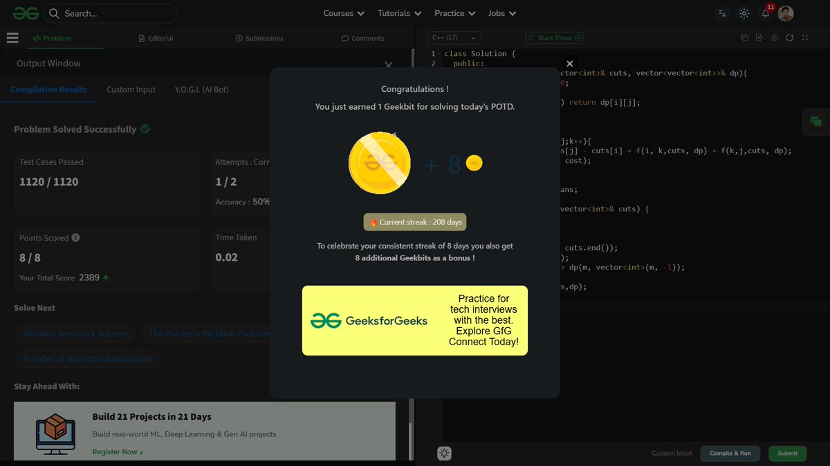 shahidx_05's tweet image. Day 245 – #365DaysOfCode 
✨ Another consistent day of problem-solving!

✅ Continuous Subarray Sum
✅ Find Center of Star Graph
✅ Minimum Cost to Cut a Stick
✅ Young Physicist

#DSA #LeetCode #GfG #ProblemSolving #CodingJourney #LearnInPublic #BuildInPublic