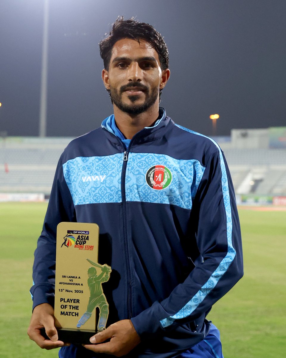 ACBofficials's tweet image. The Player of the Match - Bilal Sami 👏👏

Bilal Sami was exceptional with the ball in hand as he returned with terrific figures of 4/45 to bag the Player of the Match award. 🥇

#AFGvSL | #AsiaCupRisingStars2025 | #GloriousNationVictoriousTeam