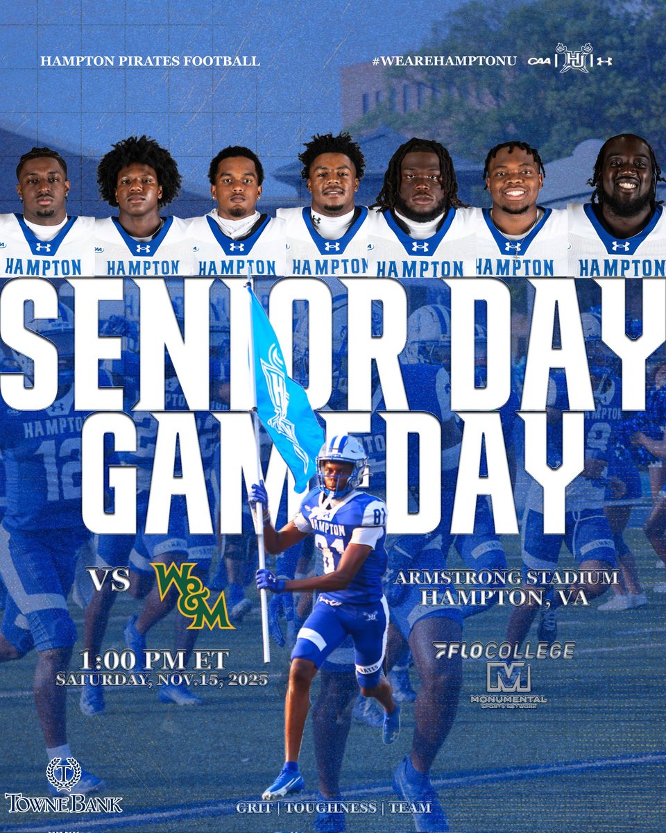 hupirates_fb's tweet photo. SENIOR DAY & 757 Community Dayπ΄ββ οΈ
LETβS GET IT PIRATES!!
π @WMTribeFootball
ποΈ Armstrong Stadium (Hampton, VA)
π 1PM ET
πΊ @MonSportsNet | @FloCollegeFB
#WeAreHamptonU #DHTT #RYFP #RisingTide https://t.co/rbO0iqz7HP
