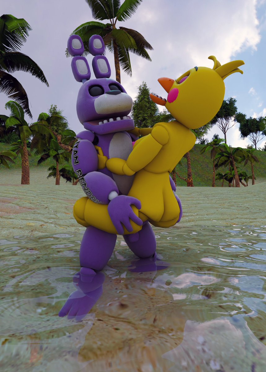 Waist-deep in a calm lagoon, a Bonnie grips Toy Chica by the thighs and lifts her up, bodies pressed and faces inches apart. Ripples ring around their feet; palm trees and soft clouds frame the scene. Reflections and water droplets sell the heat, consensual, playful.

(Public