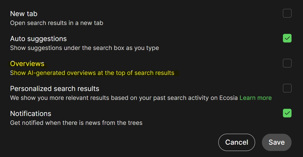LocalNokia's tweet image. btw Ecosia lets you turn off AI overviews and you can set it as your default browser easily