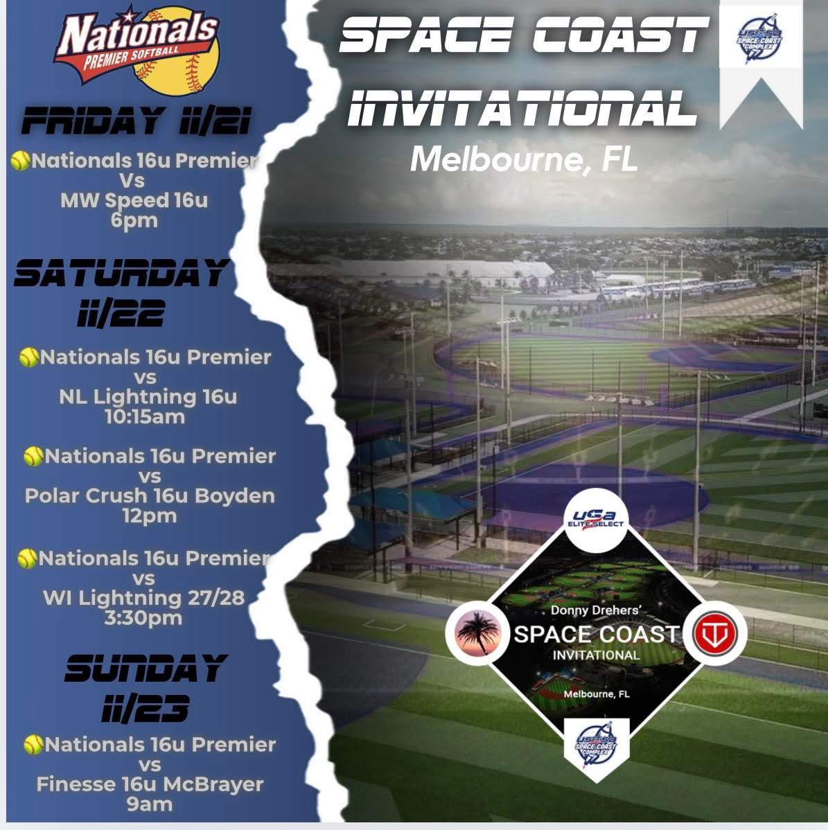 Excited for the last tournament of the fall in Space coast Florida. <a href="/Nationals16u/">Nationals Premier 16u</a> <a href="/Coach_Hill_Nats/">Bruce Hill</a> <a href="/LWE_SB/">LWE Softball</a> <a href="/CoachJillHarvey/">Jill Harvey</a> <a href="/SXUsoftball/">SXU Softball</a> <a href="/GorloksSoftball/">Webster Softball</a>