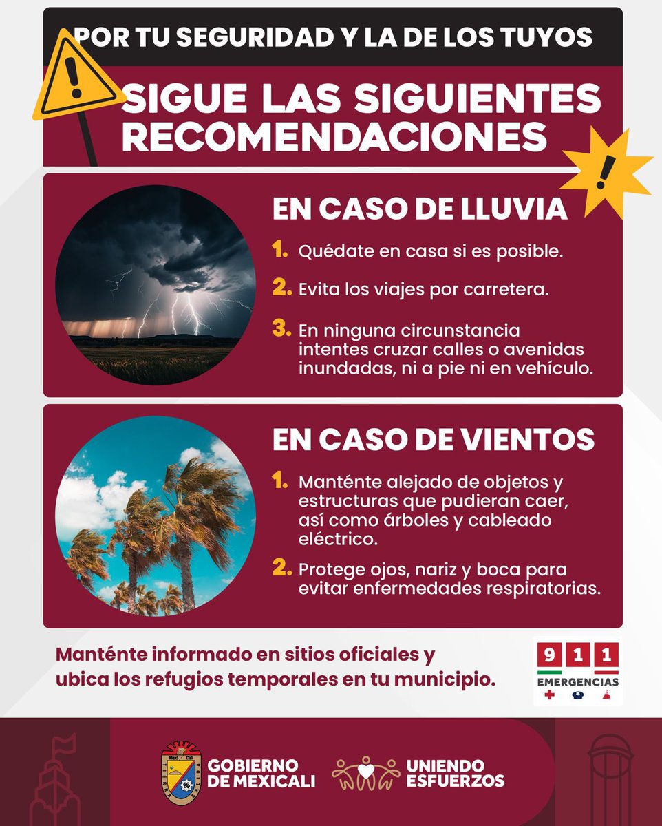 Ante lluvias y vientos, toma en cuenta estas recomendaciones para mantenerte seguro.

Infórmate por nuestros canales oficiales.

#GobiernoDeMexicali