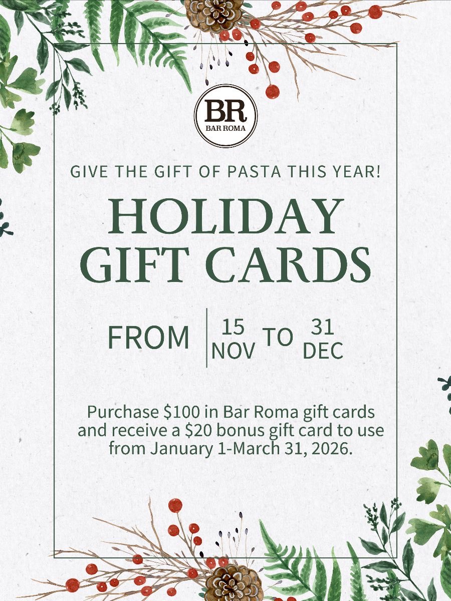 Give and get this holiday season! From November 15 to December 31, when you purchase $100 in Bar Roma gift cards, you’ll receive a $20 bonus gift card. Visit BarRomaChicago.com to to personalize and schedule your gift card delivery. 🎁

onelink.quickgifts.com/merchant/bar-r…