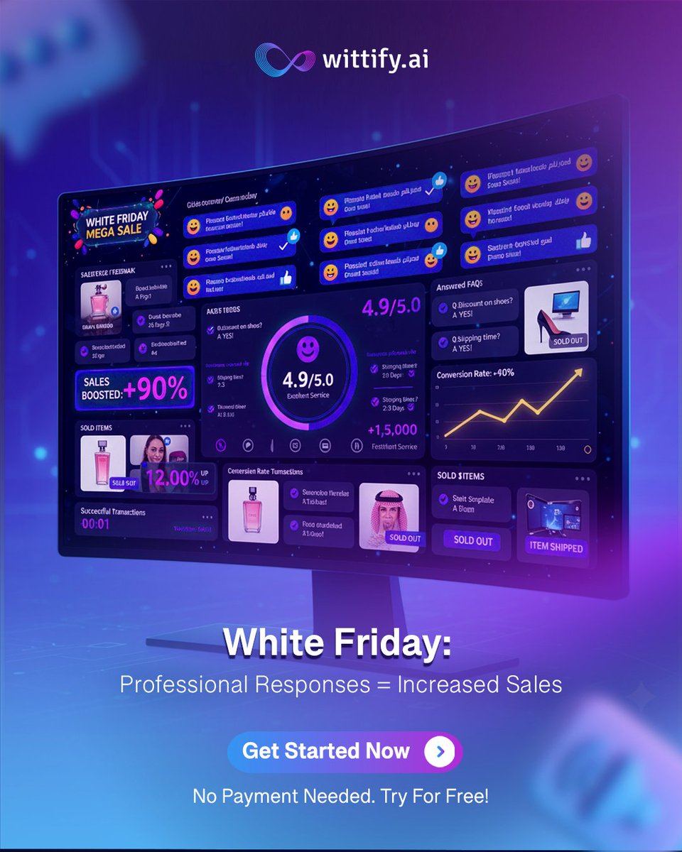 The equation is simple: Fast, professional replies on White Friday = Guaranteed sales! ✅

Invest in professionalism, and multiply your profits. 💯

Try it Now for Free!
wittify.ai

#Ecommerce #SaudiWhiteFriday #SmartAssistant #Wittifyai #CX #AI