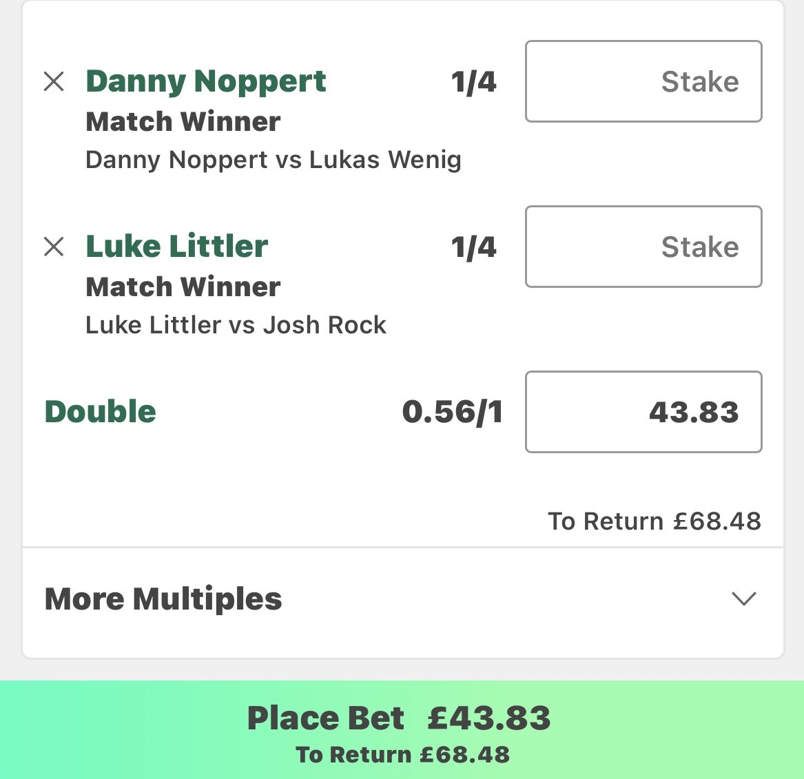 10to7Tipster's tweet image. Darts £25-£100 BET 2 💥

Stake: £43.83
Returns: £68.48

Odds: 0.56/1

#DartsTips #DartsBetting #BettingChallenge #ProfitHunt #GamblingTwitter