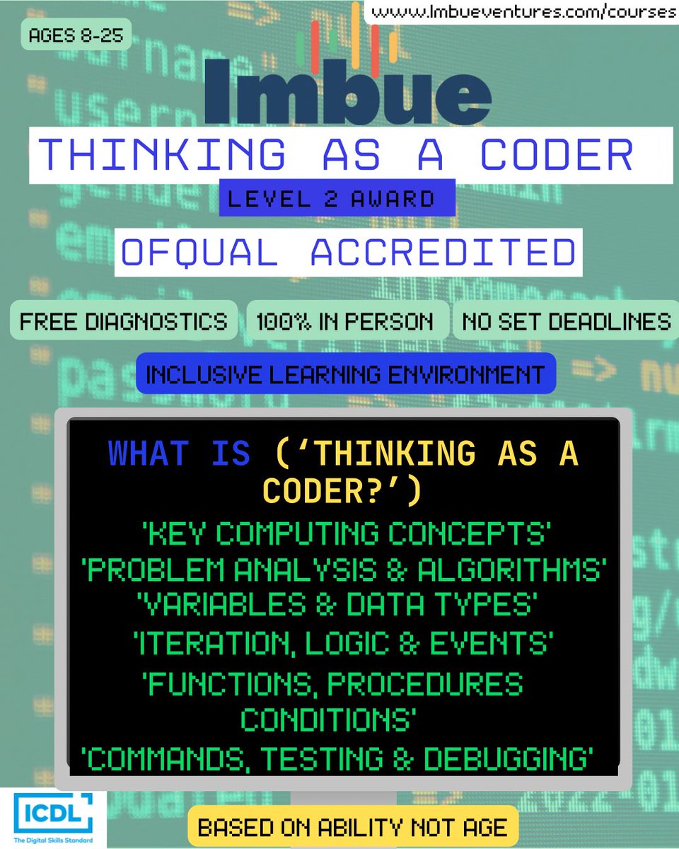 imbueventure's tweet image. Gain more than a certificate — gain a new way of thinking. This qualification develops the logical, creative, and problem-solving mindset behind every great coder.

 #ComputationalThinking #SkillsForTheFuture #CreativeProblemSolving #LogicSkills #EdTech #Qualification