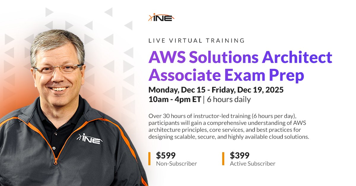 INEsecurity's tweet image. ☁️ #AWS #SolutionsArchitect Associate Prep - Live Virtual Training

Master:
AWS architecture &amp;amp; best practices
VPC networking &amp;amp; security
Cost optimization strategies
Real exam scenarios

Perfect for 1+ year AWS professionals.
Register: bit.ly/4oGDnQw