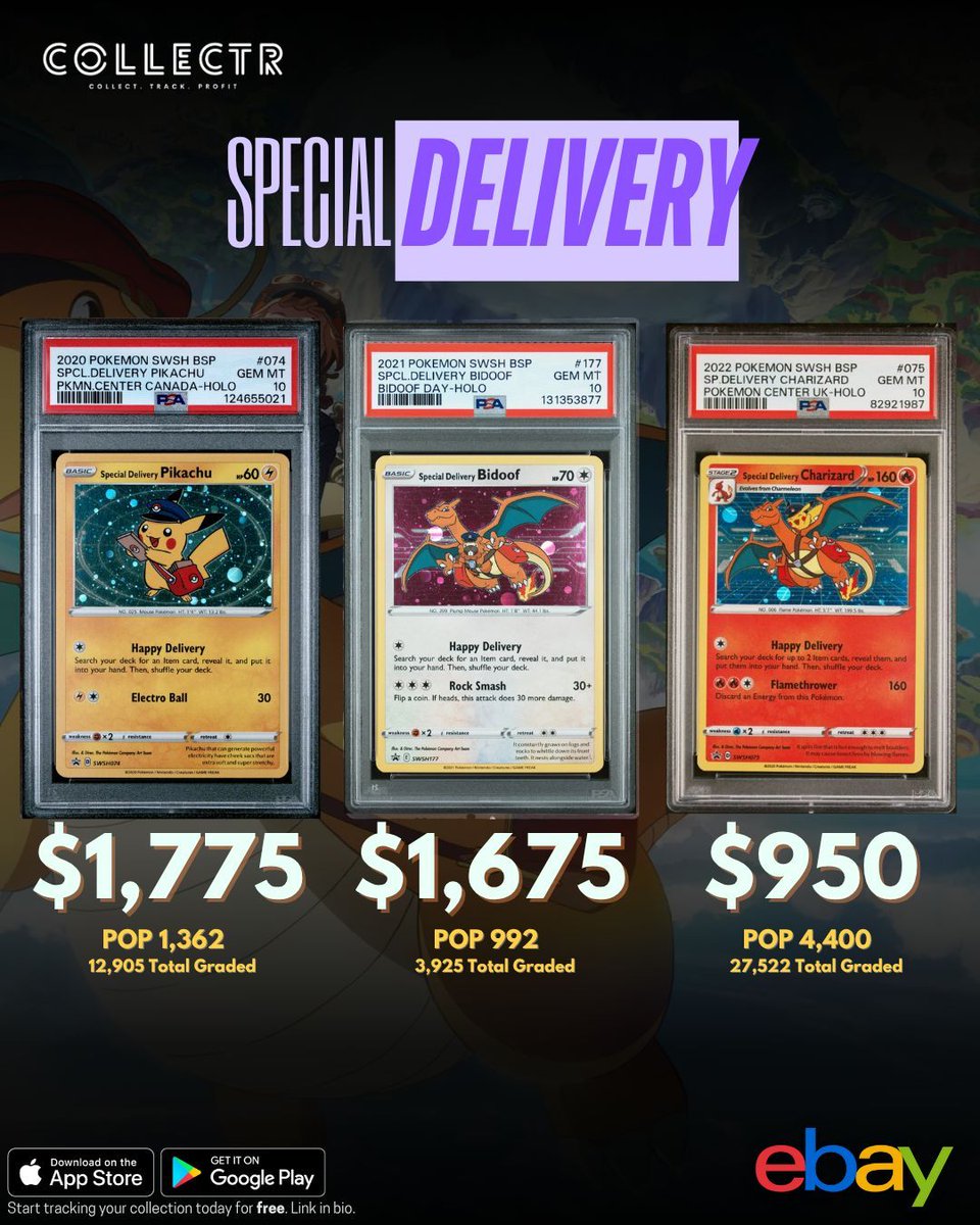 getcollectrapp's tweet image. 📬 Special Delivery Artworks: Which One’s Your Favorite?

Recent #PSA10 copies of the Special Delivery cards - Pikachu, Bidoof, and Charizard - just sold on eBay. 

Which one of the three artwork versions is your favorite? Drop your pick below! 👇

#specialdelivery #pikachu