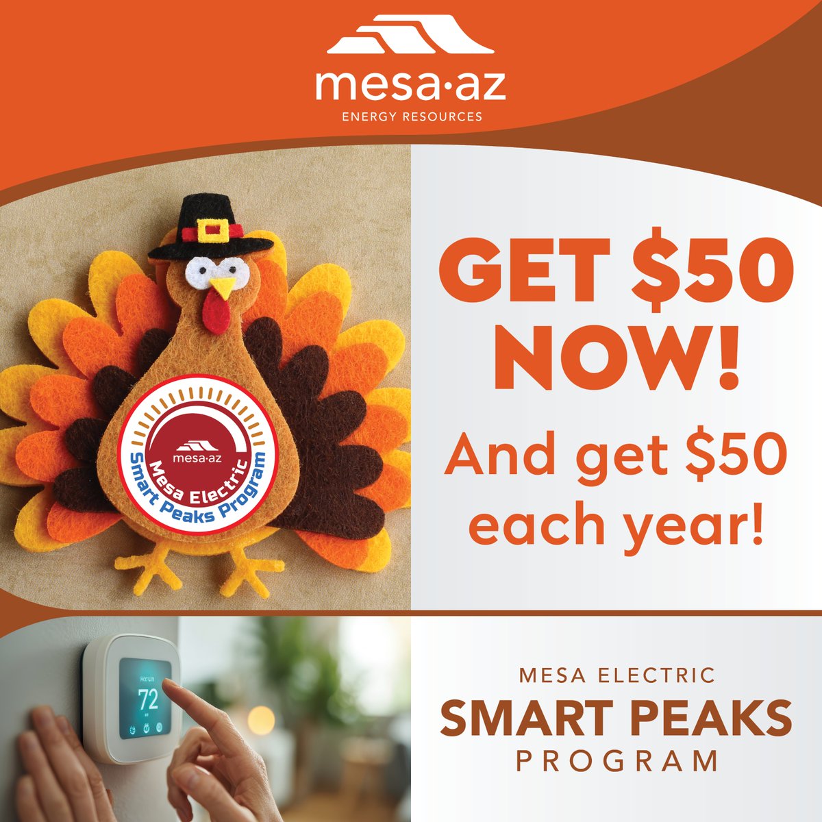 CITYOFMESA's tweet image. Hey, City of Mesa electric customers - Score $50 for enrolling in Mesa’s Smart Peaks program and another $50 each year you participate!  To verify eligibility, check compatible thermostats, and enroll, visit my.mesaaz.gov/3JGYxi8!