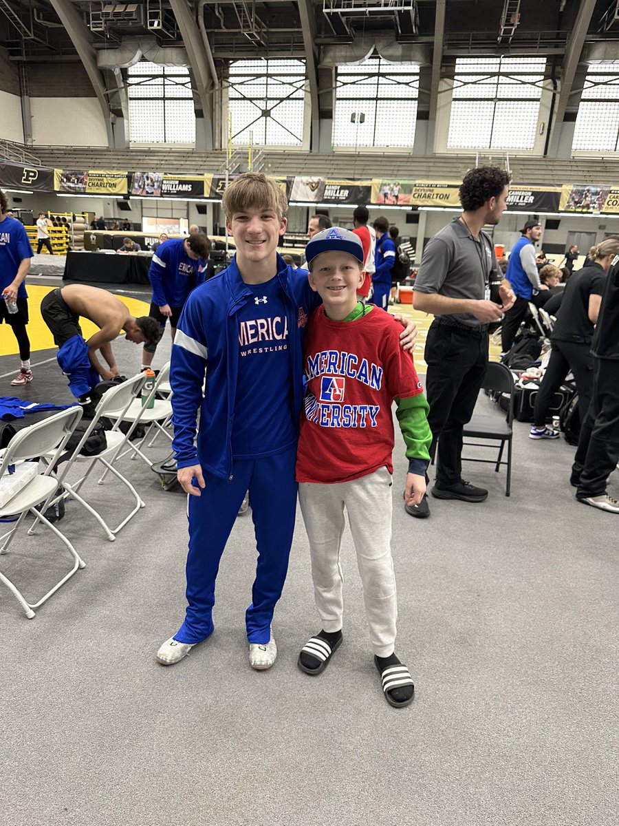 Our son Casey is wrestling in a tournament at Purdue today. They’re facing American Univeristy in a dual. Casey’s older brother goes to AU so he brought his AU gear with him. He already found some Eagles wrestlers! <a href="/AmericanU/">American University</a> <a href="/AU_Wrestling/">AU Wrestling</a> <a href="/CamHarris05/">Cameron Harris</a> <a href="/jennifernharris/">Jennifer Harris</a>