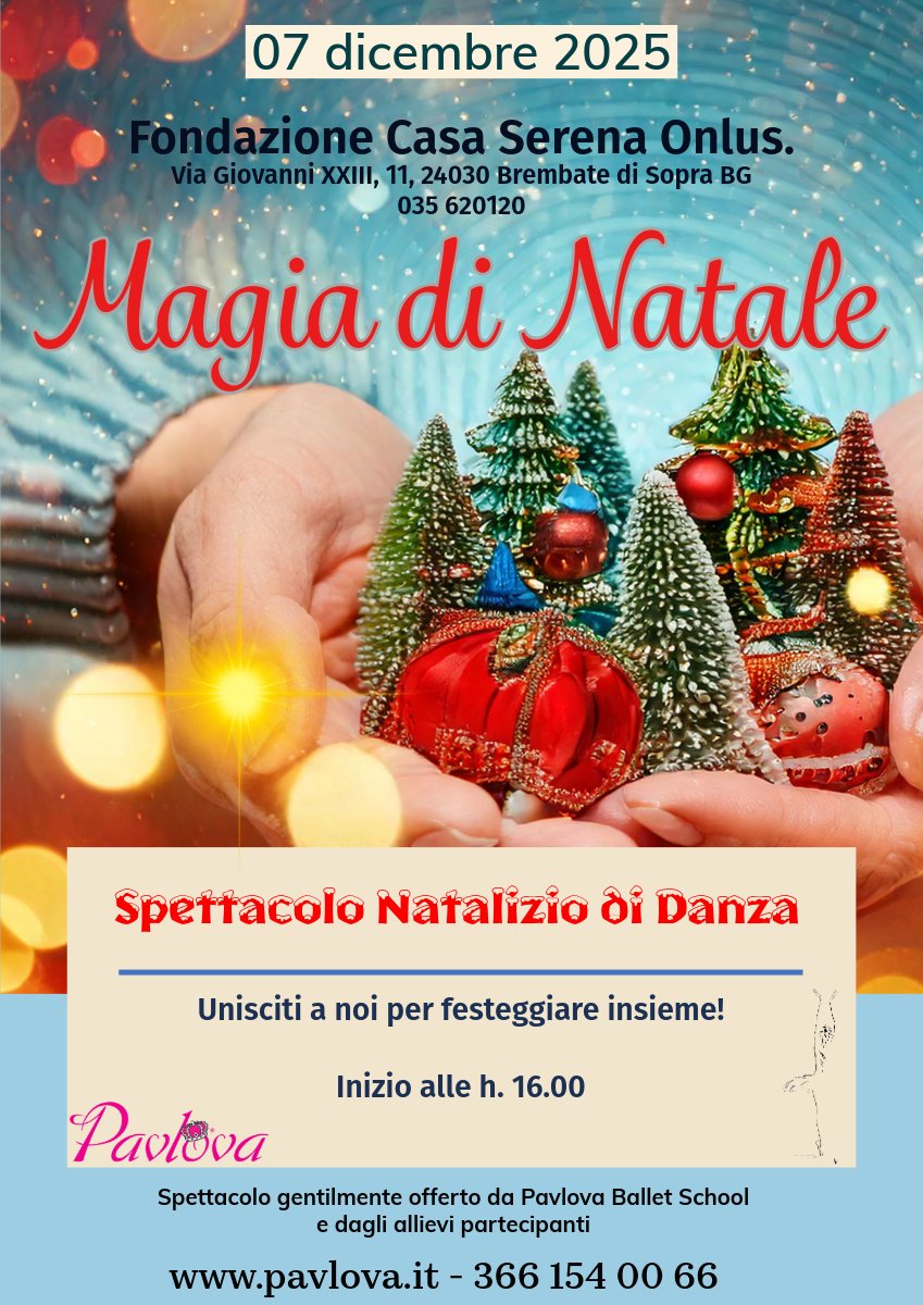 BalletInt's tweet image. Il 7 DICEMBRE la "Magia di Natale" arriva a Casa Serena Onlus (Brembate)! 🎄 Gli allievi di Svetlana Pavlova porteranno Danza Classica, Moderna e Folklore agli Ospiti. L'arte unisce le generazioni! 💖

#7Dicembre #MagiaDiNatale #Danza #SvetlanaPavlova