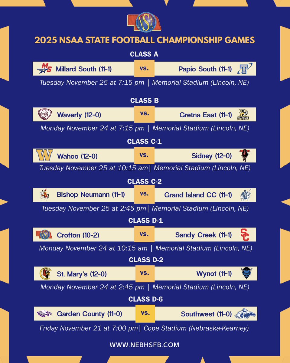 NEBHSFB's tweet image. 2025 NSAA State Football Championship Game Schedule

#nebpreps