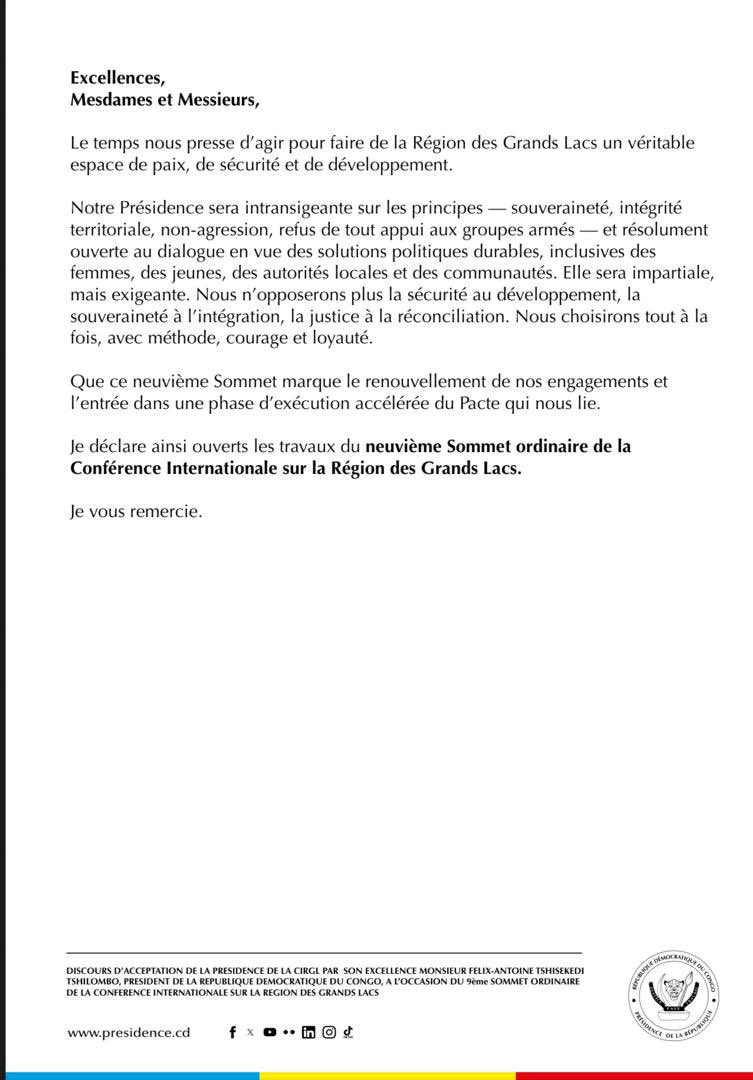 Discours d’acceptation de la presidence de la CIRGL par le Président de la République Félix-Antoine Tshisekedi Tshilombo, à l’occasion du 9ème sommet ordinaire de la Conférence Internationale sur la Région des Grands Lacs(CIRGL).