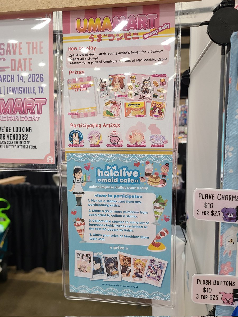 WE ARE HERE AT #ANIMEImpulseDAL2025 TABLE M61!!!! 😚✨️ We're part of 2 stamp rallies (Hololive &amp; Umamart)!! CHECK OUT OUR SECRET CHEKI FROM THE HOLOLIVE STAMP RALLY!! Best girl!!!! 🎀

ALSO new honse puffy charms + PLAVE stickers (in reply)! SEE YOU SOOOONNN!! 👋