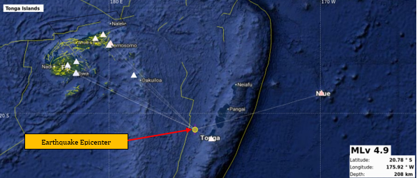 Earthquake Information bulletin issued.
Date: 16/11/2025
Time: 03:46:04 AM
Magnitude: 4.9
Depth: 208 km
Location:  85 km NW from Nuku’alofa, Tonga.
However, it does not pose any immediate tsunami threat to the Fiji region.