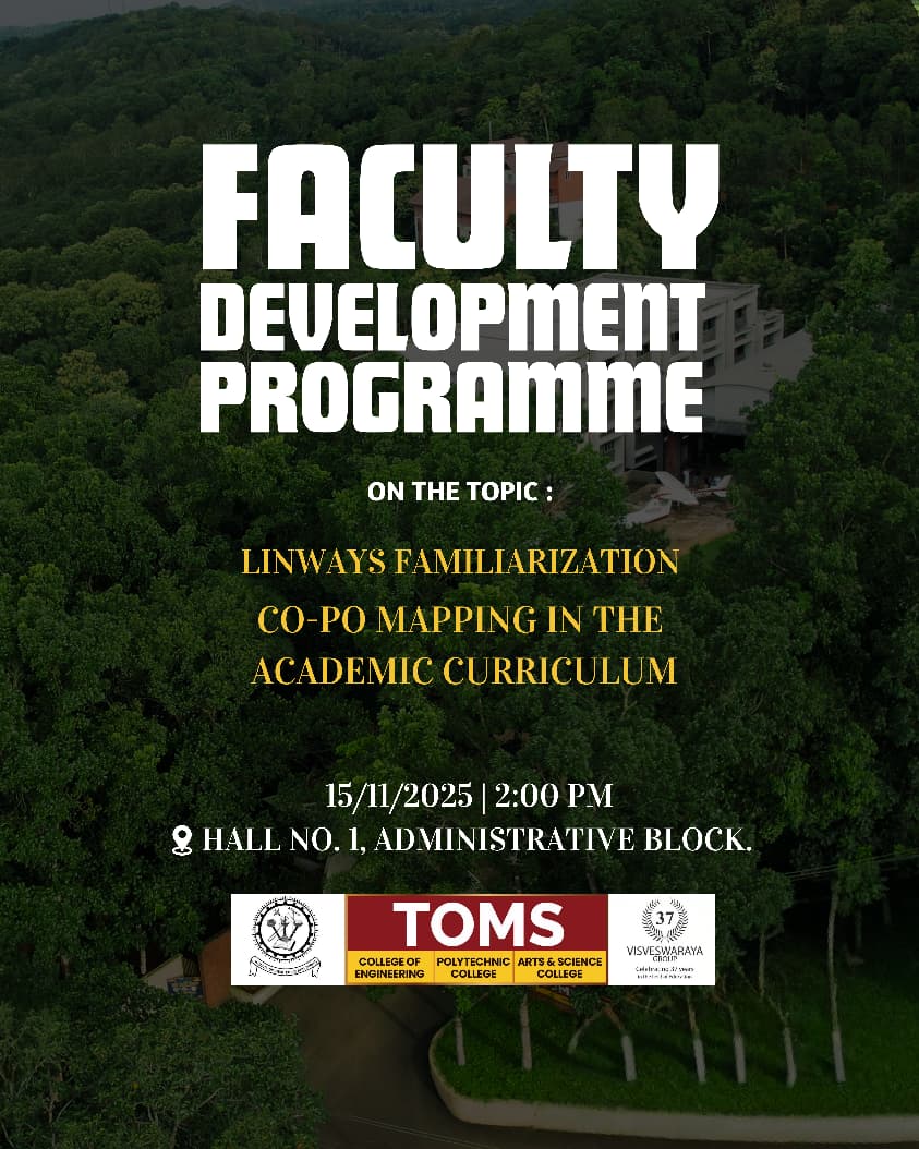 college_toms's tweet image. *📚 Faculty Development Programme at TOMS College*

TOMS 
#TomsCollege #FacultyDevelopmentProgramme #AcademicExcellence #Linways #COPO #OutcomeBasedEducation #TeachingExcellence #TomsEngineering #TomsPolytechnic #TomsArtsAndScience #VisveswarayaGroup #Kottayam #HigherEducation