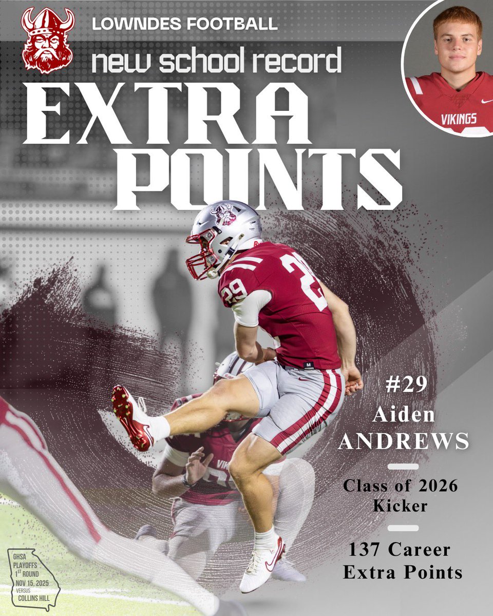 2026 K Aiden Andrews sets school record for most extra points made.  4 year starter at Lowndes. ☎️

HC:<a href="/CarterVikingsFB/">Adam Carter</a> 
RC:<a href="/CoachHolley5/">Steve Holley</a> 
<a href="/Aiden_Andrews44/">Aiden Andrews</a> <a href="/RecruitGeorgia/">Recruit Georgia</a> <a href="/KohlsKicking/">Kohl's Kicking Camps</a> <a href="/HKA_Tanalski/">Adam</a>