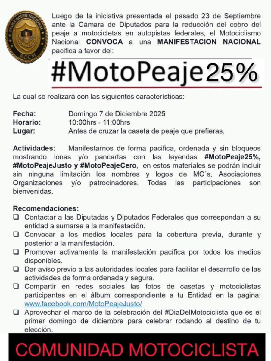 BlacksVero's tweet photo. El motociclismo prepara movilización el  7 de Diciembre en casetas de todo el país buscando un #MotoPeajeJusto Ya hay iniciativa en @Mx_Diputados y buscamos su apoyo @CarlosLoret para lograr la reducción en función del menor peso y desgaste. #MotoPeaje25% @FNRCCM @motolatino https://t.co/8ZWlVHKSxS