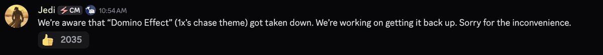Forsaken_News's tweet image. 🚨News🚨

The Forsaken Team is aware that “Domino Effect” or "1x1x1x1’s Chase Theme" was taken down, and they're working on getting it back up.
Sorry for the inconvenience!

📢This information comes from the Official Forsaken Server.📢

#Forsaken #forsakenroblox #1x1x1x1forsaken