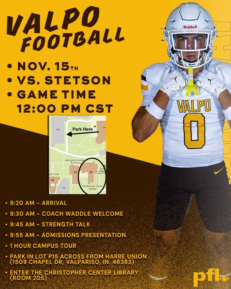 Looking forward to go to Valparaiso University and  see the atmosphere of the football program today!!
<a href="/Minooka_Indians/">Minooka Football</a> <a href="/RecruitTheNook/">Minooka Football Recruiting</a> <a href="/MinookaStrength/">Minooka Strength and Conditioning</a> <a href="/CoachGeiger_/">Coach TG</a> <a href="/valpoufootball/">Valpo Football</a> <a href="/CoachWaddle/">Andy Waddle</a> <a href="/EDGYTIM/">Timothy “EDGYTIM” OHalloran</a> <a href="/ChiPlayerWatch/">Chicagoland Player Watch</a> <a href="/PrepRedzoneIL/">Prep Redzone Illinois</a>  <a href="/CoachChris_Roll/">Coach Chris Roll</a> <a href="/scottybscout/">Scott Burgess</a>