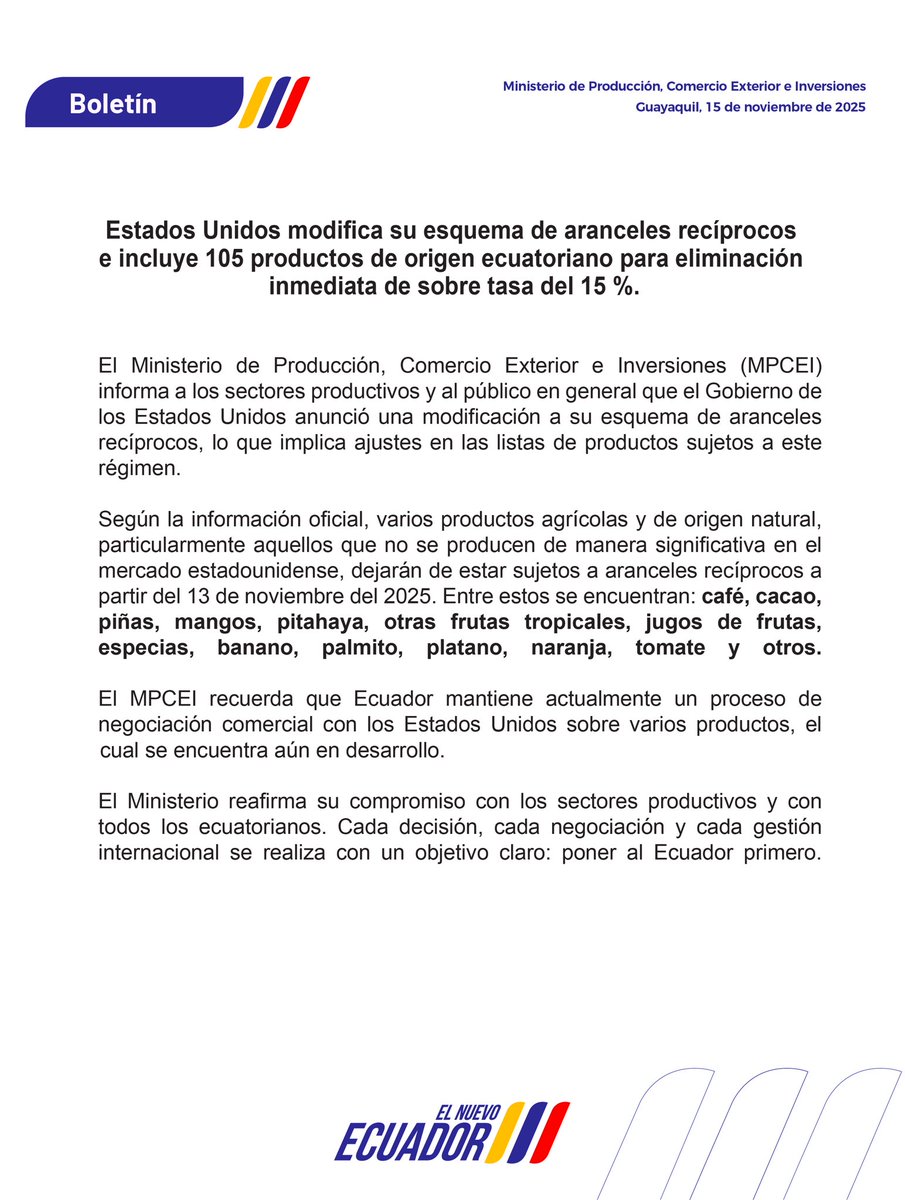 Boletín📰|  El Ministerio de Producción informa a los sectores productivos y al público en general que el Gobierno de los Estados Unidos anunció una modificación a su esquema de aranceles recíprocos. Más detalles aquí👇🏼