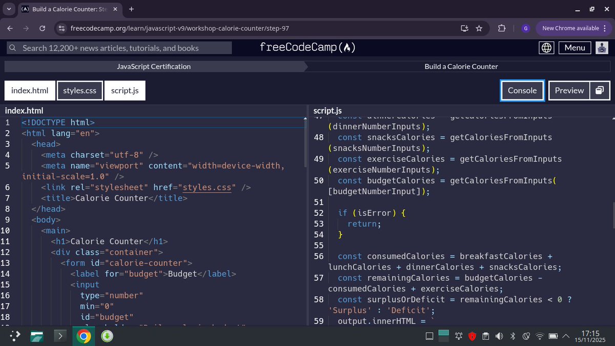 Ujahgrace17's tweet image. I have completed Build a Calorie Counter 
Add meal/exercise entries dynamically
Clean &amp;amp; validate user input
Calculate total calories consumed, burned, and remaining
Show deficit or surplus
Clear the whole form with one click
#freecodecamp
 freecodecamp.org/learn/javascri…