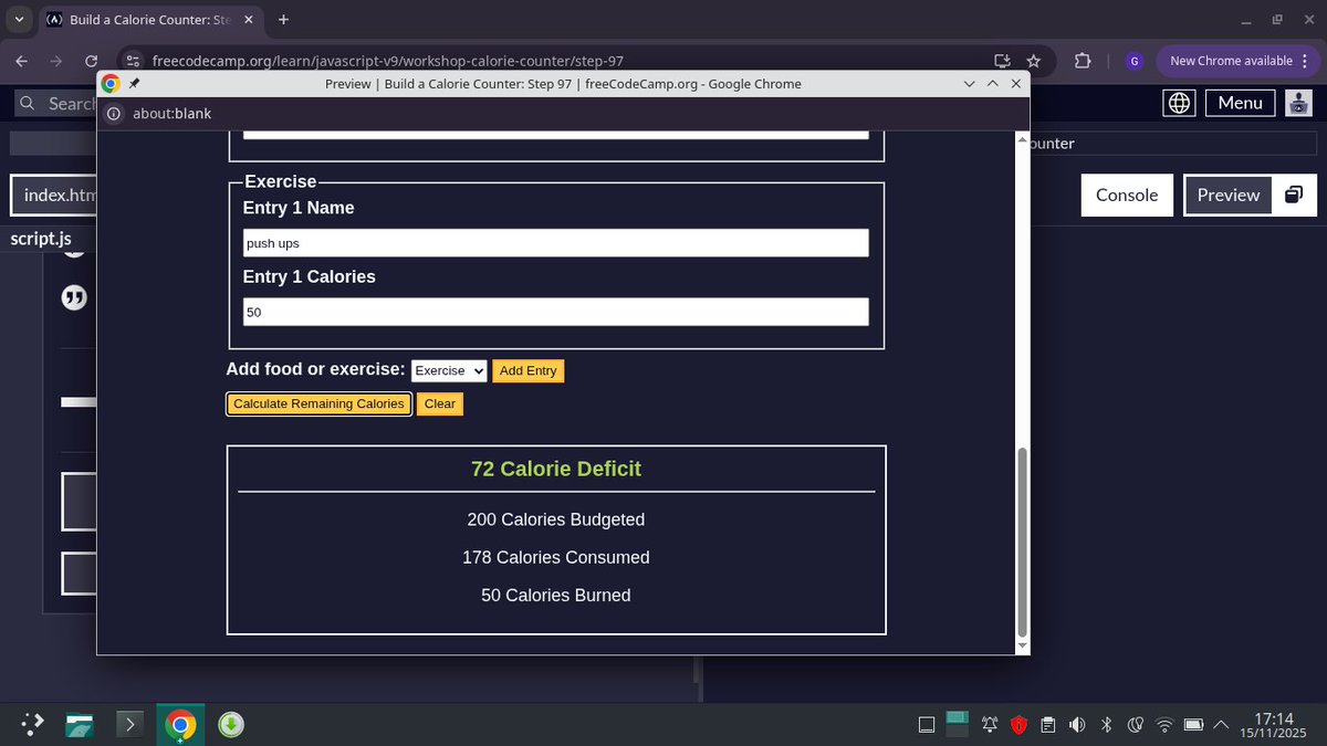 Ujahgrace17's tweet image. I have completed Build a Calorie Counter 
Add meal/exercise entries dynamically
Clean &amp;amp; validate user input
Calculate total calories consumed, burned, and remaining
Show deficit or surplus
Clear the whole form with one click
#freecodecamp
 freecodecamp.org/learn/javascri…