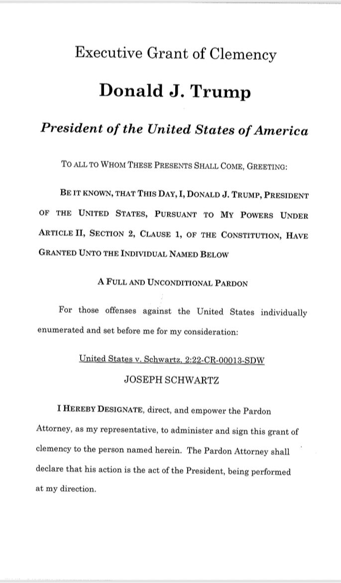 EdMartinDOJ's tweet image. Thank you: @POTUS! Joseph Schwartz is now free to rebuild his life and business with his family, who never stopped living and advocating for him. ⚖️