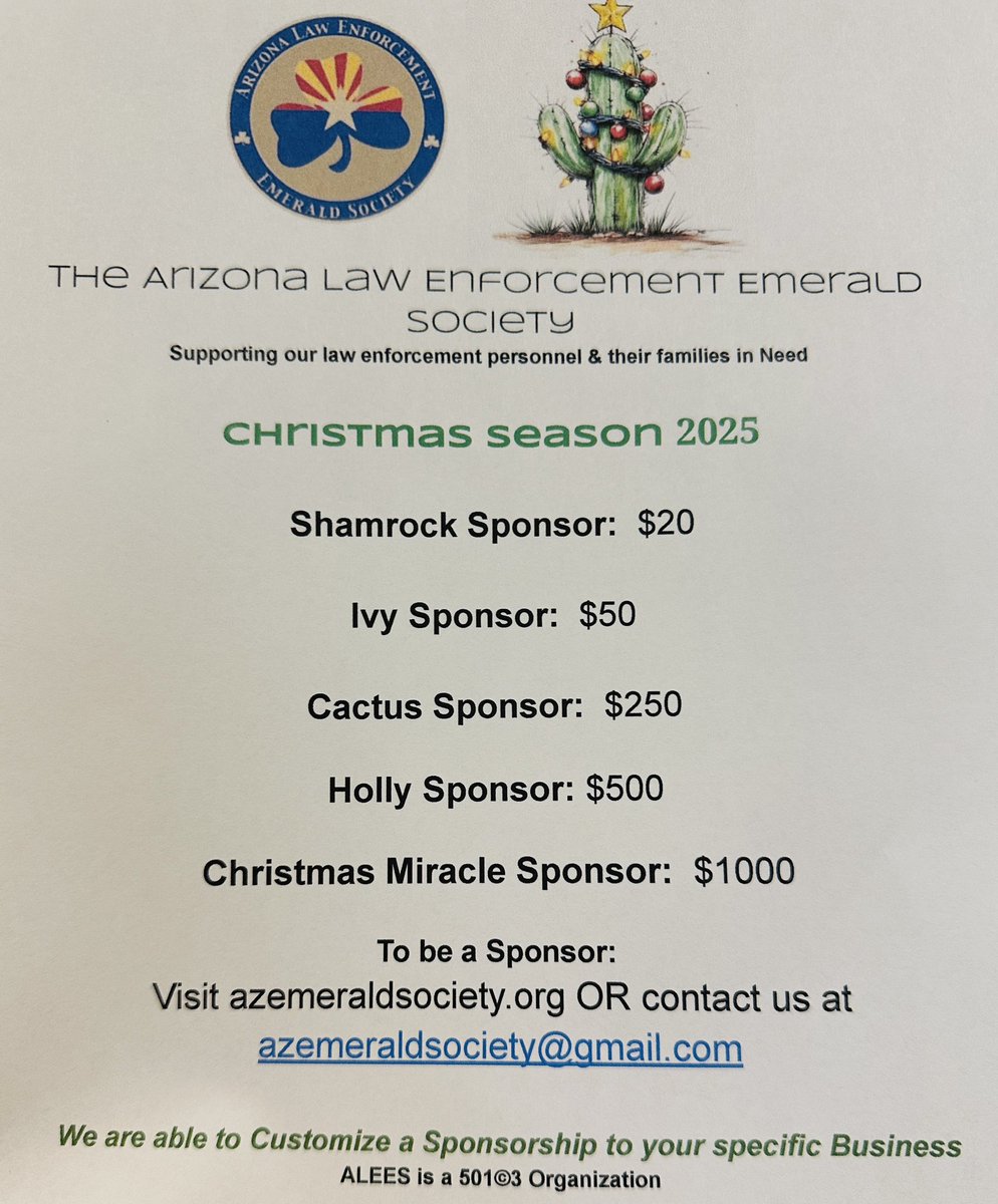 We are looking for sponsors for our Christmas adopt an LE family 🎄☘️🎄 visit AzEmeraldsociety.org
<a href="/azplea/">Phoenix Law Enforcement Association</a> <a href="/PhoenixPolice/">Phoenix Police</a> <a href="/GlendaleAZPD/">Glendale Police</a> <a href="/GlendaleFOP12/">Glendale Arizona FOP Lodge 12</a>