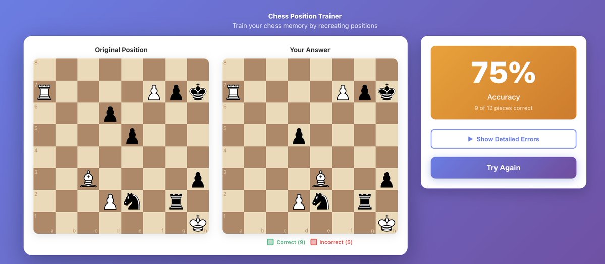 viditchess's tweet image. Vibecoded my first chess app! Imo, its a fun one too.

memorychess.vercel.app

It was rewarding, but at times it was frustrating too. (worked on it for 4hrs or so)

Special thanks to @Ra1kshit for being my CHATGPT in the process :D

Try it out and let me know how it goes :)