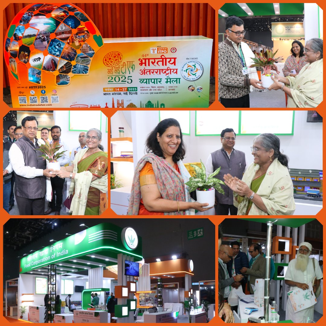 FCI_Delhi's tweet image. #FCI Senior leadership-Hon’ble C&amp;amp;MD, ED(Sales) &amp;amp; ED(North Zone)-visited #FCI_Stall at #IITF2025, Bharat Mandapam on 14.11.25.
They interacted with visitors &amp;amp; reviewed exhibits showcasing FCI’s commitment to transparency and effective rollout of #OMSS–Bulk/Small Trade initiatives.