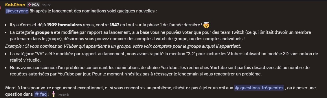 Quelques nouvelles 8h après le lancement des nominations !✨

Merci à tous pour votre engouement exceptionnel, et si vous rencontrez un problème, n'hésitez pas à en parler dans les commentaires de ce post !