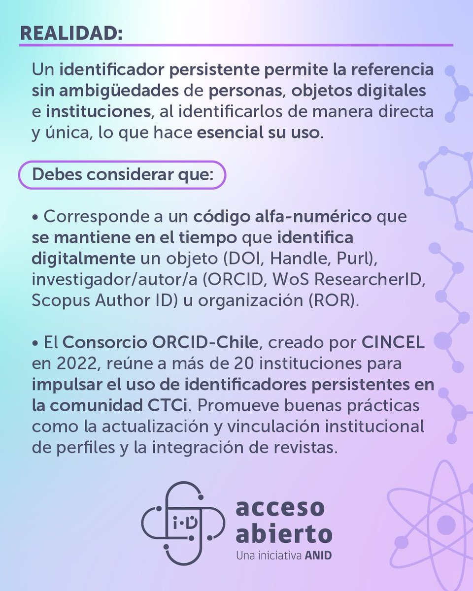 ANID_Abierta's tweet image. ✅ Desde @ANID_Abierta promovemos la adopción y uso de ORCID. Principalmente la #PolíticaAccesoAbierto reconoce la importancia de los identificadores persistentes.

#OpenAccess #OpenScience