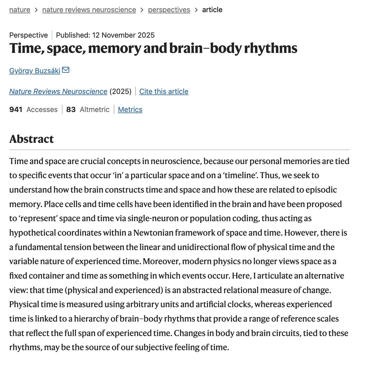 umbertoleon's tweet image. En esta investigación se sugiere que el tiempo físico, ese que medimos en segundos o minutos, es solo una abstracción basada en unidades arbitrarias.

La “experiencia del tiempo” emerge de una jerarquía de ritmos cerebro-cuerpo que actúan como escalas de referencia. 

Así que la…