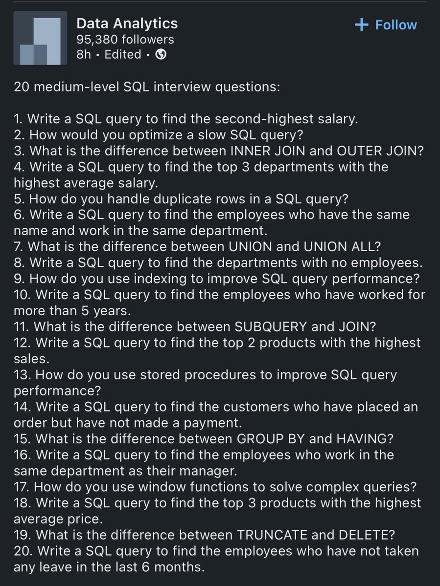 Krishnasagrawal's tweet image. 20 most common SQL Interview 📚📘

Save it now ✅️ 

#sql